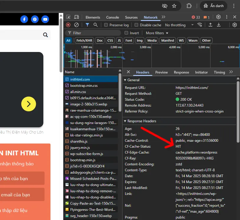 Kiểm tra Cf-Cache-Status bằng DevTools