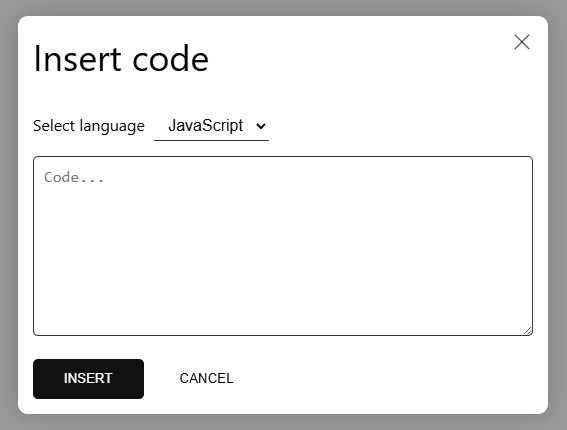 Code insertion modal interface in the comment box