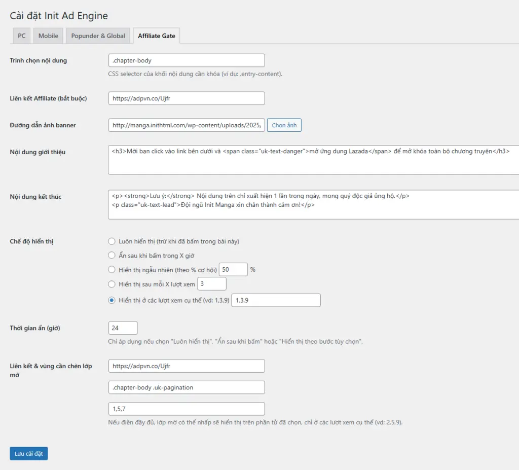 Cài đặt Affiliate Gate v1.1.3