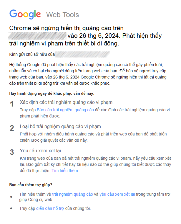 Email từ Google nêu rõ lý do vi phạm và hướng dẫn khắc phục