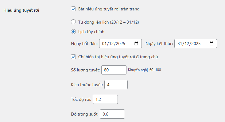 Tùy chỉnh tuyết rơi chi tiết