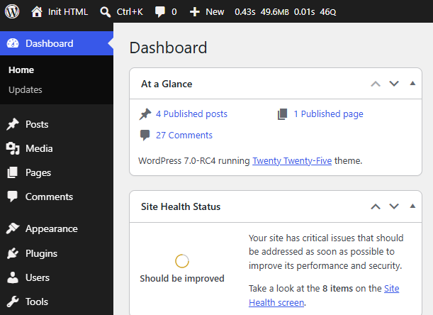 Dashboard của WordPress 7.0