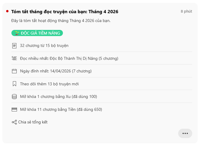 Thông báo tóm tắt tháng đọc truyện