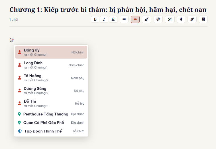 Gõ @ để triệu hồi thực thể